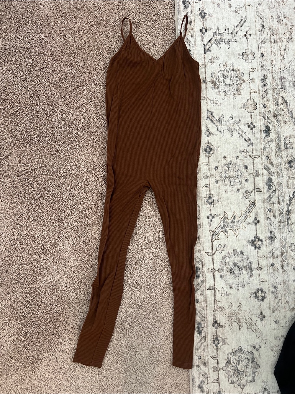Brown Ribbed Spaghetti-Strap Jumpsuit